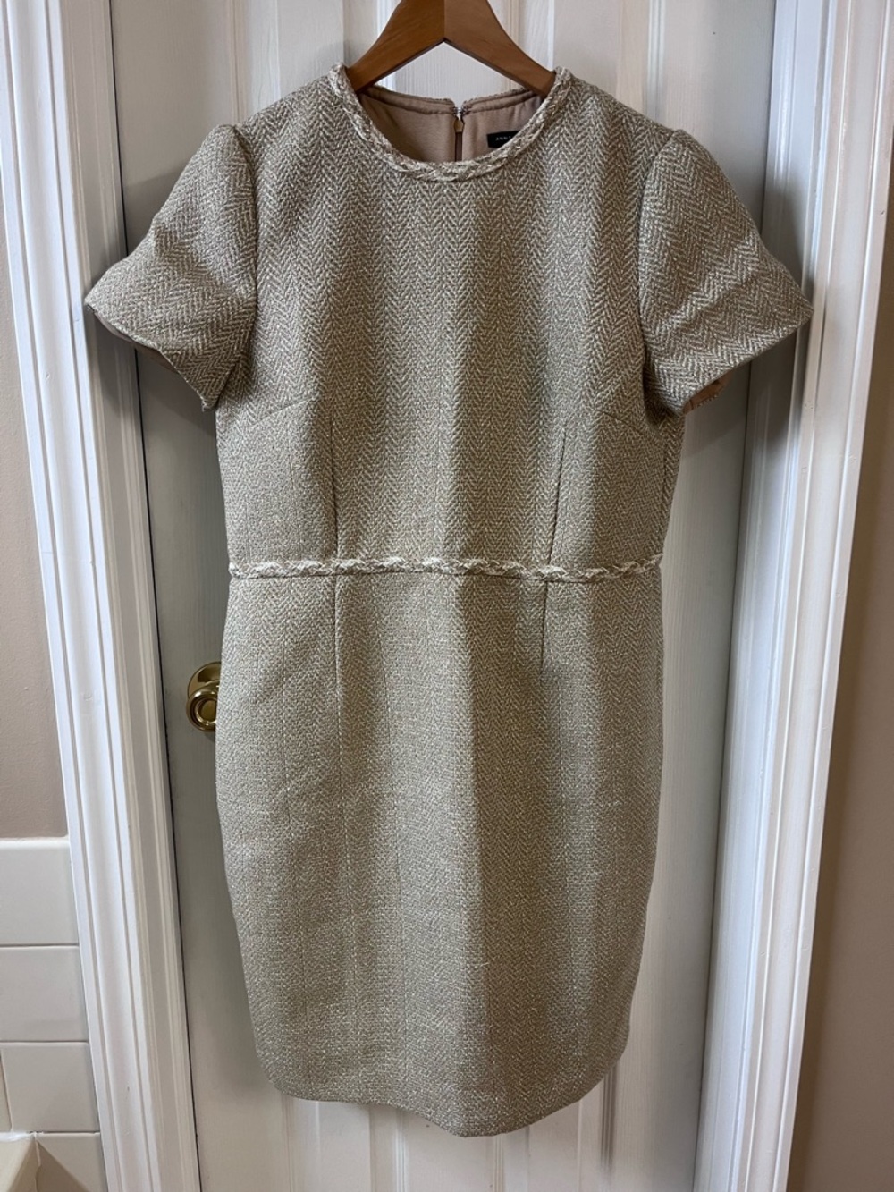 Ann Taylor Metallic Cream Braided-Waist Tweed Sheath Midi Dress Old Money Chic